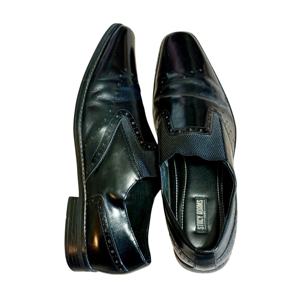 Stacy Adams Mens Black Leather Square Toe Slip On Loafers Brogue Shoes Sz-12 - Picture 3 of 10